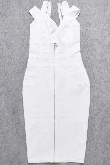 Woman wearing a figure flattering  Sia Bandage Dress - Pearl White Bodycon Collection