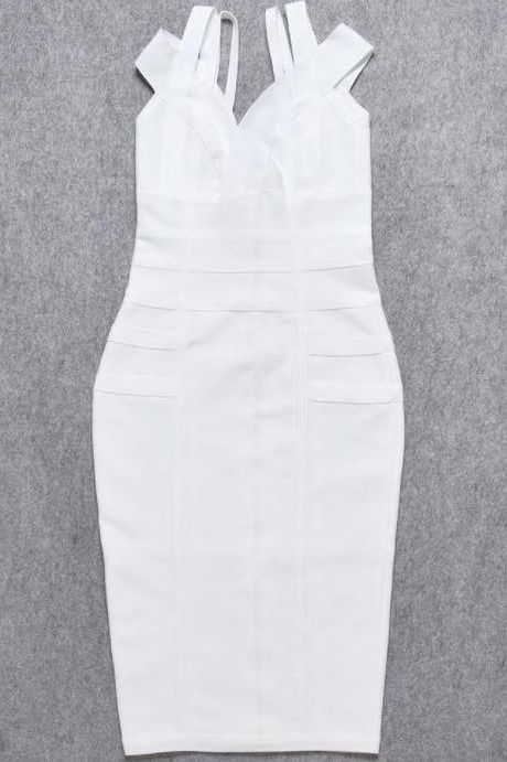Woman wearing a figure flattering  Sia Bandage Dress - Pearl White Bodycon Collection