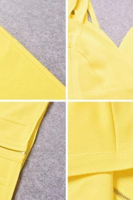 Woman wearing a figure flattering  Sia Bandage Dress - Sun Yellow Bodycon Collection