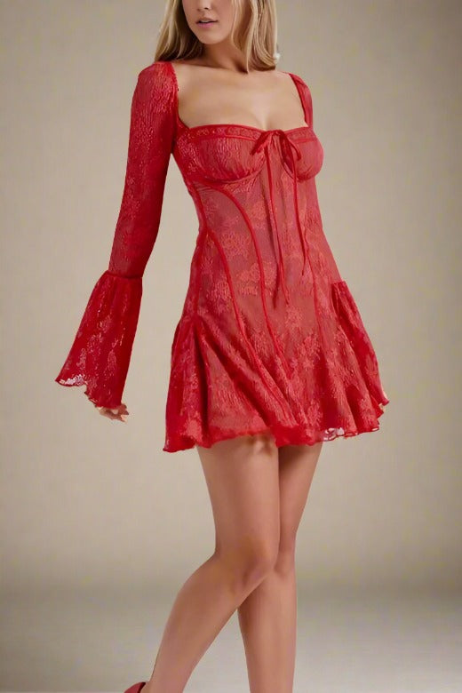 Woman wearing a figure flattering Sisi Long Sleeve Bodycon Mini Dress - Lipstick Red BODYCON COLLECTION