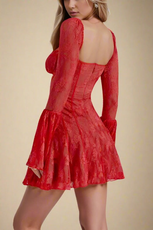 Woman wearing a figure flattering Sisi Long Sleeve Bodycon Mini Dress - Lipstick Red BODYCON COLLECTION