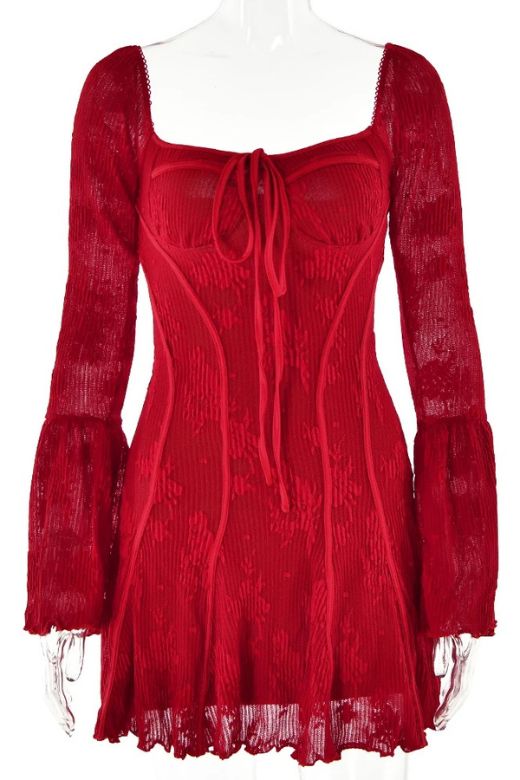 Woman wearing a figure flattering Sisi Long Sleeve Bodycon Mini Dress - Lipstick Red BODYCON COLLECTION