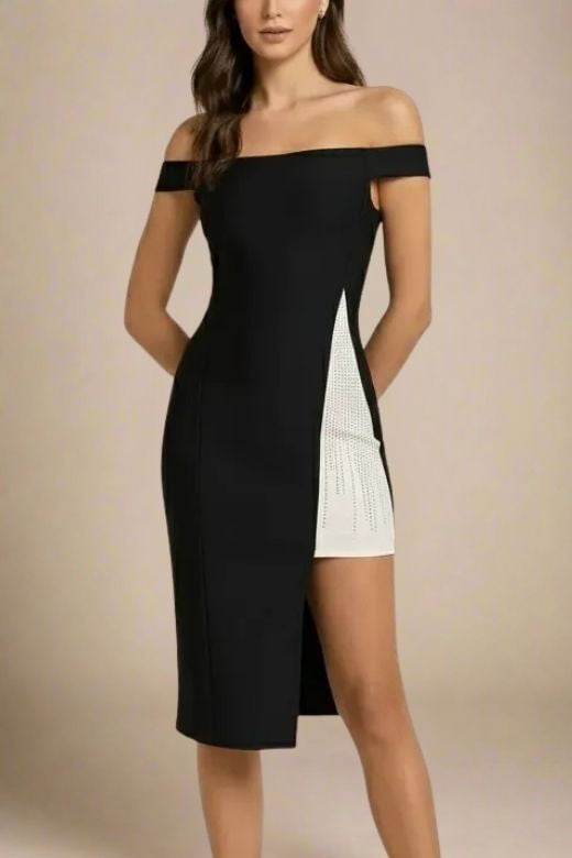 Woman wearing a figure flattering Sofie Off Shoulder Bodycon Dress - Classic Black BODYCON COLLECTION