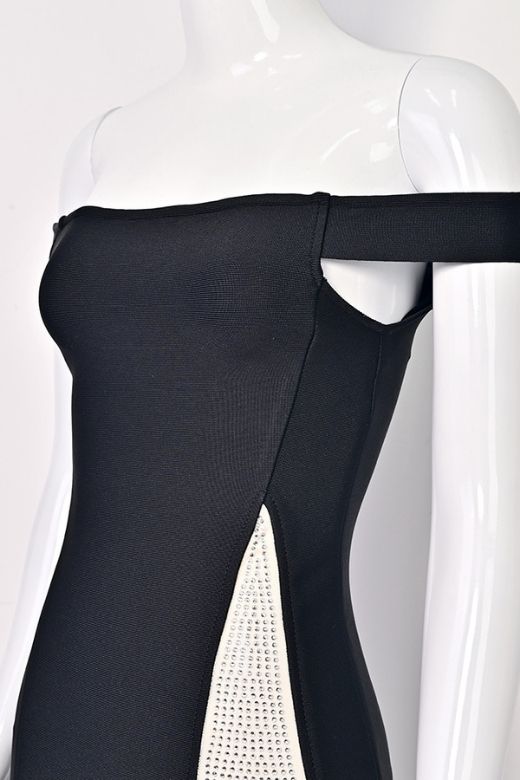 Woman wearing a figure flattering Sofie Off Shoulder Bodycon Dress - Classic Black BODYCON COLLECTION
