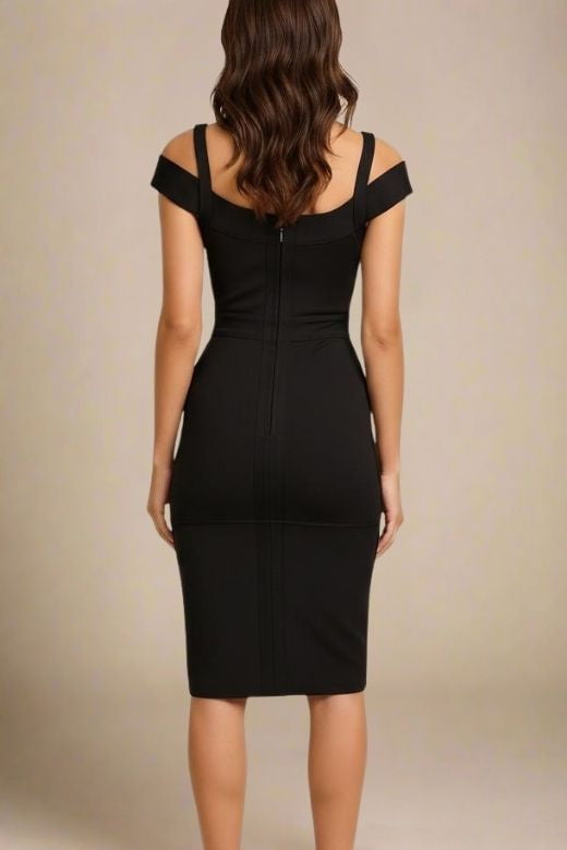 Woman wearing a figure flattering Sophia Bandage Dress - Classic Black Bodycon Collection