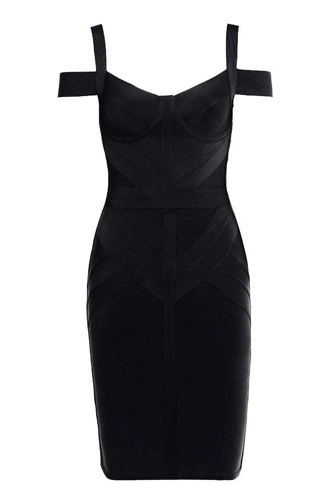 Woman wearing a figure flattering Sophia Bandage Dress - Classic Black Bodycon Collection
