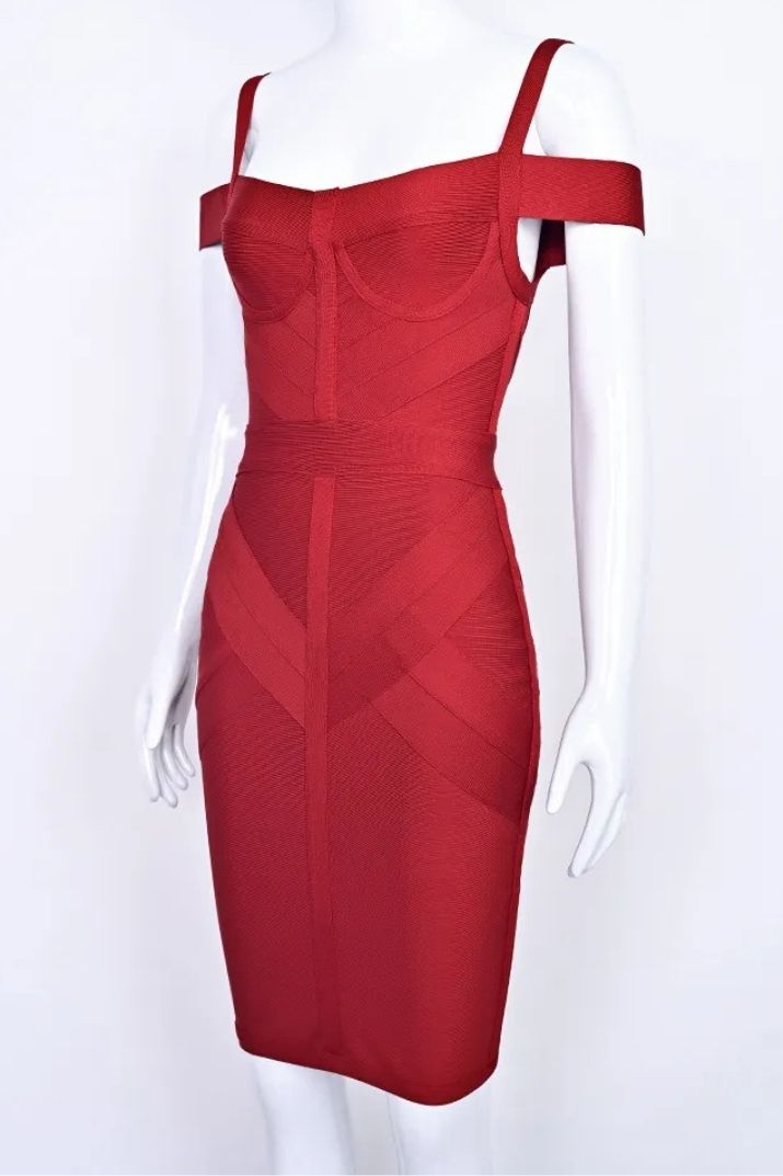 Woman wearing a figure flattering Sophia Bandage Dress - Lipstick Red Bodycon Collection