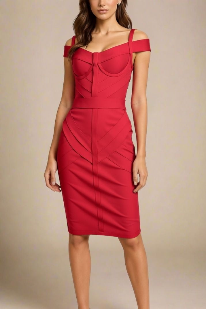 Woman wearing a figure flattering Sophia Bandage Dress - Lipstick Red Bodycon Collection