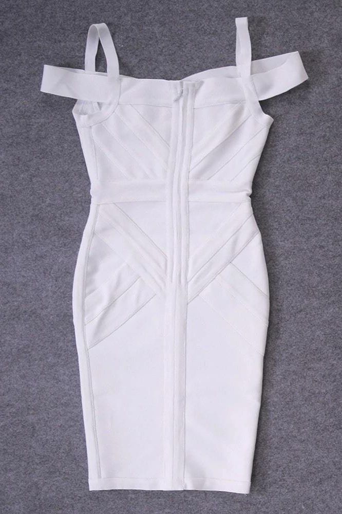 Woman wearing a figure flattering Sophia Bandage Dress - Pearl White Bodycon Collection