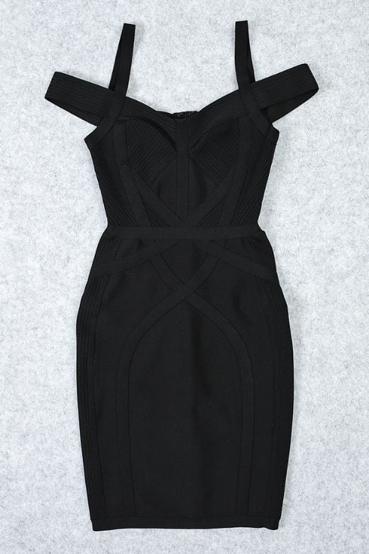 Woman wearing a figure flattering Sophia Bandage Mini Dress - Classic Black Bodycon Collection
