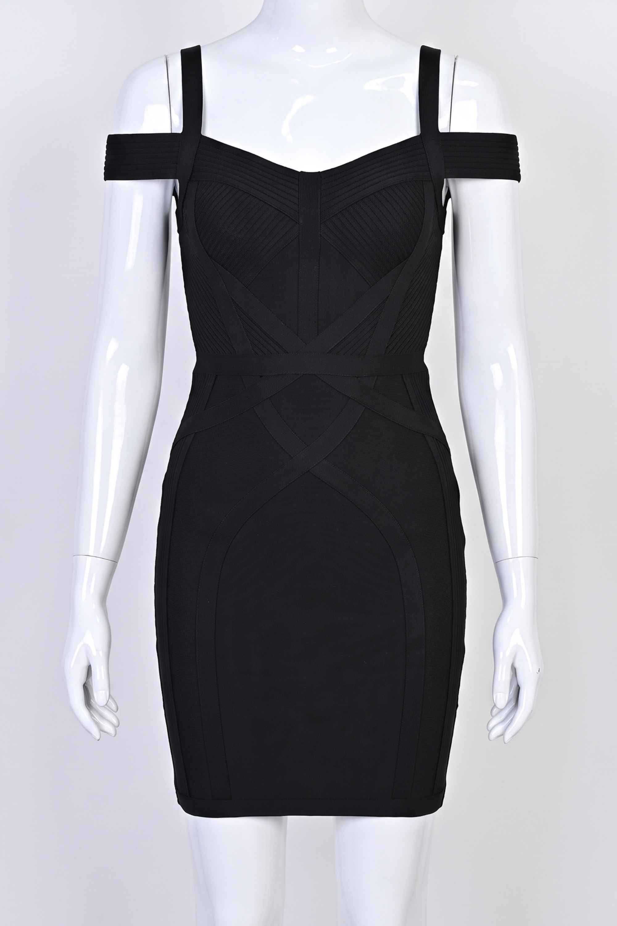 Woman wearing a figure flattering Sophia Bandage Mini Dress - Classic Black Bodycon Collection