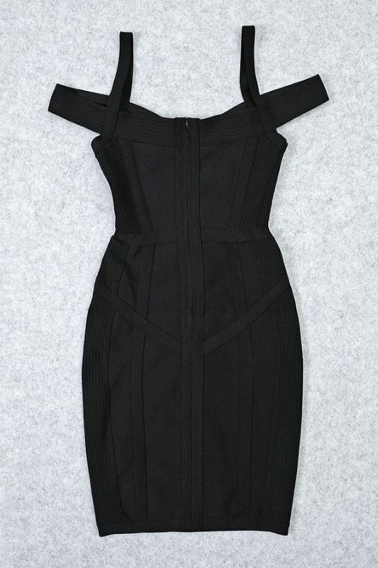 Woman wearing a figure flattering  Sophia Bandage Mini Dress - Classic Black Bodycon Collection
