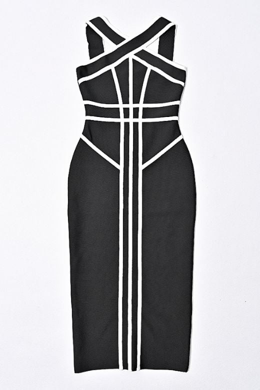 Woman wearing a figure flattering Suki Bandage Midi Dress - Classic Black BODYCON COLLECTION
