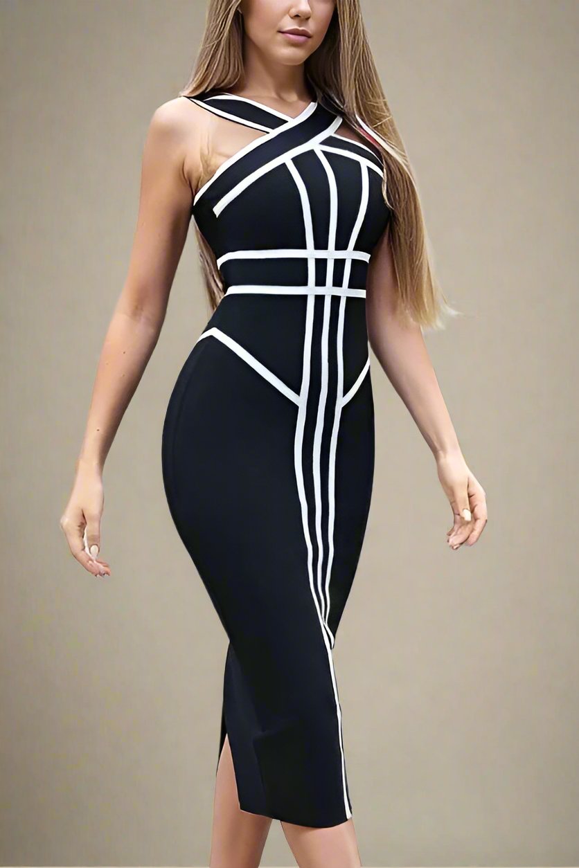 Woman wearing a figure flattering Suki Bandage Midi Dress - Classic Black BODYCON COLLECTION