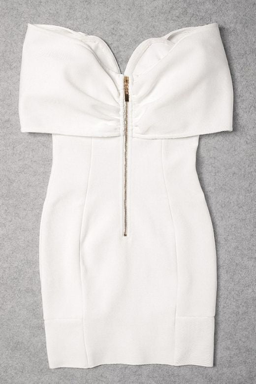 Woman wearing a figure flattering Tanya Bandage Mini Dress - White Pearl BODYCON COLLECTION