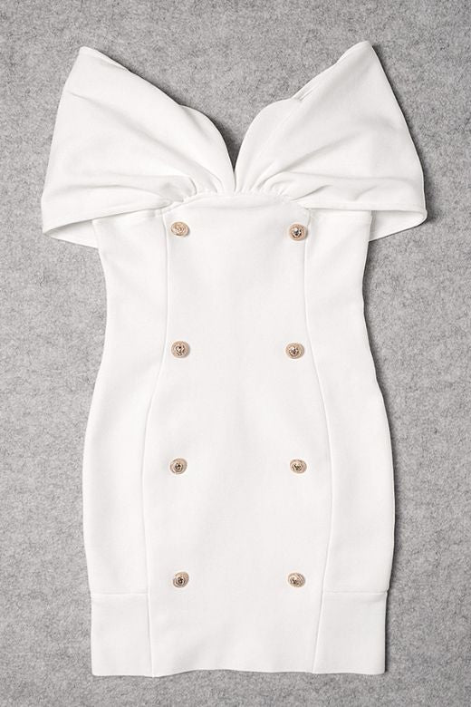 Woman wearing a figure flattering Tanya Bandage Mini Dress - White Pearl BODYCON COLLECTION