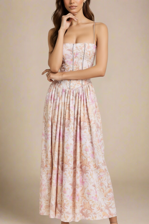 Woman wearing a figure flattering Tasmin Midi Dress - Pink Print BODYCON COLLECTION