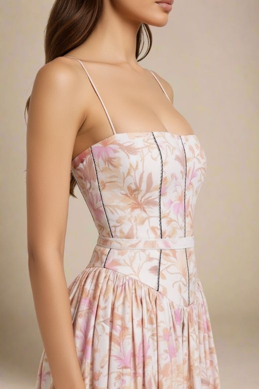 Woman wearing a figure flattering Tasmin Midi Dress - Pink Print BODYCON COLLECTION