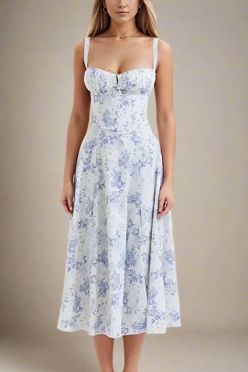 Woman wearing a figure flattering Taylor Bodycon Day Midi Dress - Azure Blue BODYCON COLLECTION