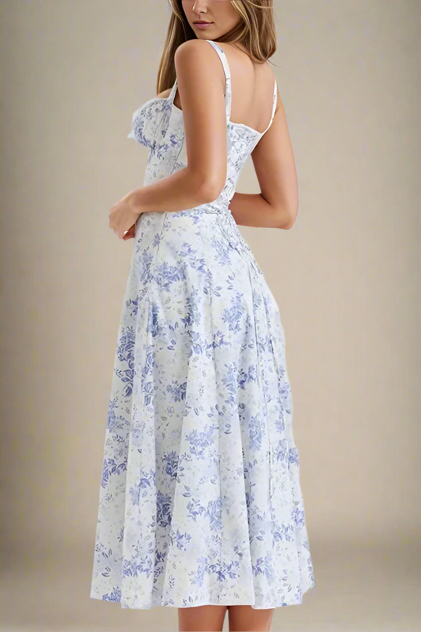 Woman wearing a figure flattering Taylor Bodycon Day Midi Dress - Azure Blue BODYCON COLLECTION