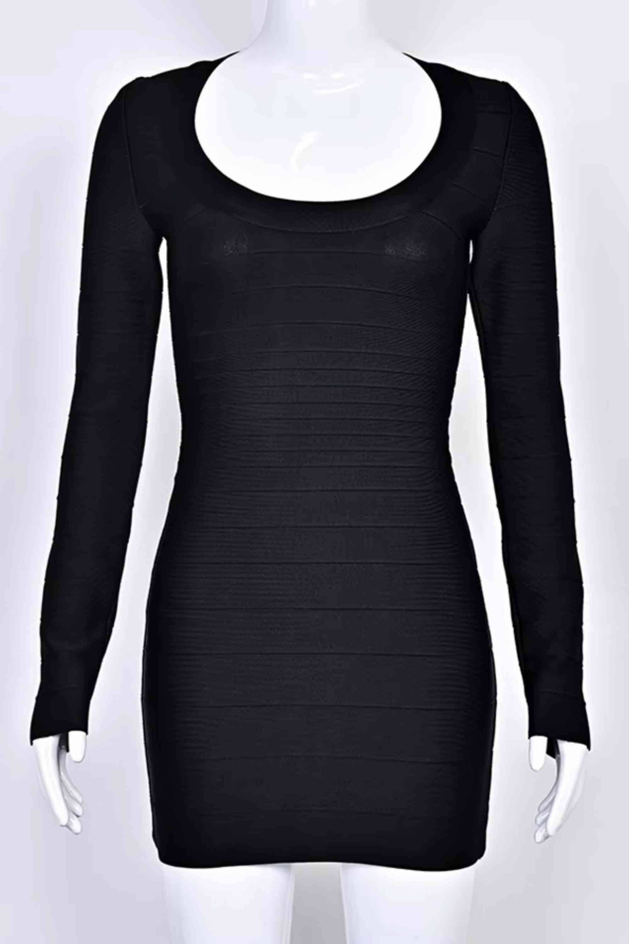 Woman wearing a figure flattering Valentina Long Sleeve Bandage Mini Dress - Classic Black BODYCON COLLECTION Pty Ltd