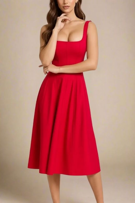 Woman wearing a figure flattering Willa Midi Dress - Lipstick Red BODYCON COLLECTION Pty Ltd