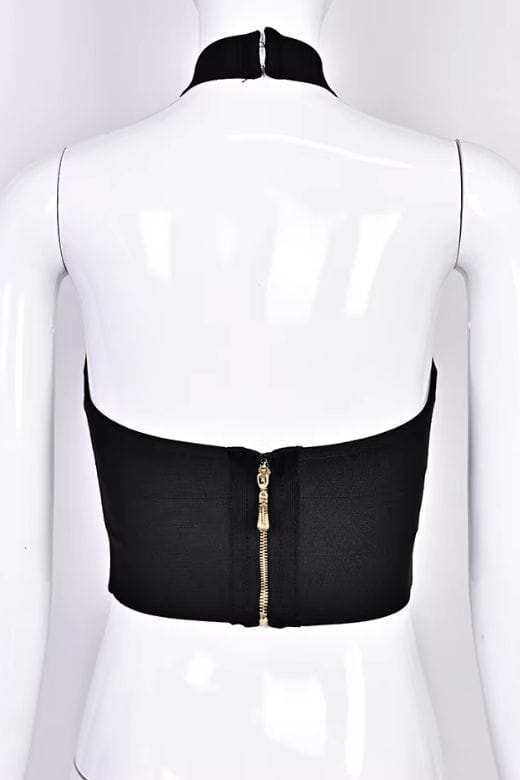 Woman wearing a figure flattering Willow Bandage Crop Top - Classic Black BODYCON COLLECTION Pty Ltd