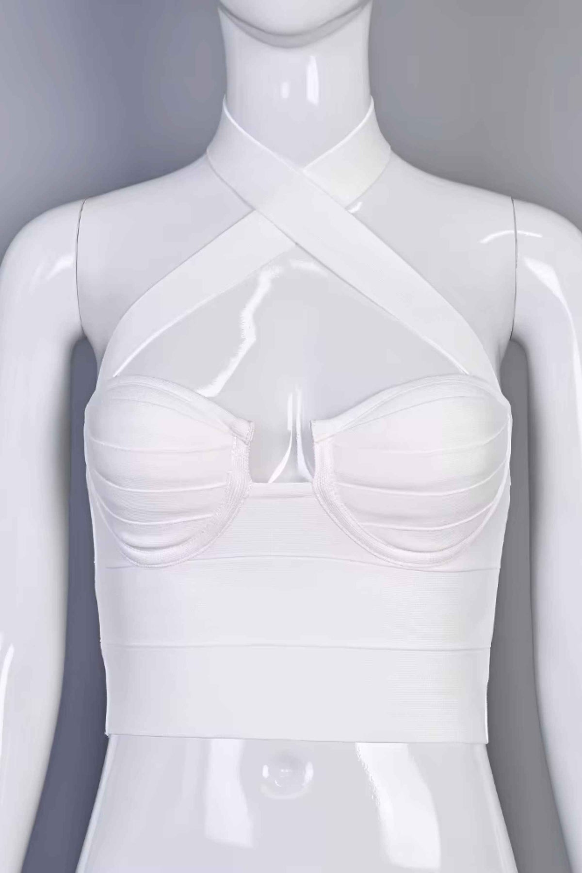 Woman wearing a figure flattering Willow Bandage Crop Top - White Pearl BODYCON COLLECTION Pty Ltd