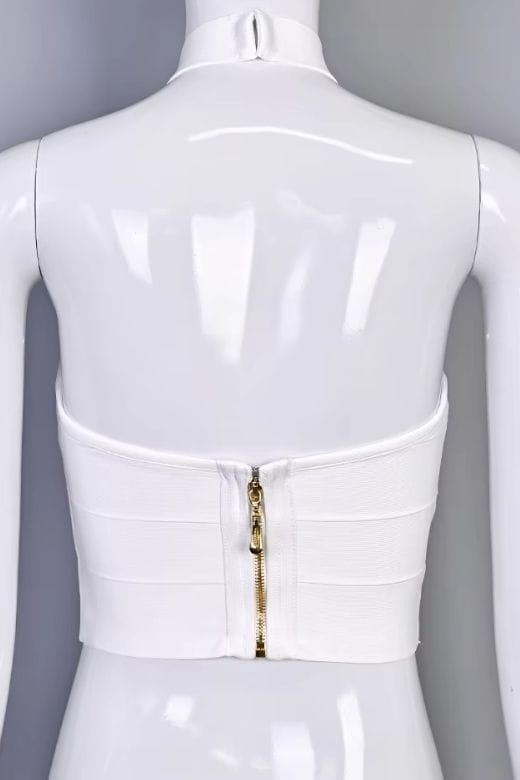 Woman wearing a figure flattering Willow Bandage Crop Top - White Pearl BODYCON COLLECTION Pty Ltd