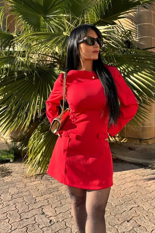 Woman wearing a figure flattering Zena Long Sleeve Bodycon Mini Dress - Lipstick Red BODYCON COLLECTION