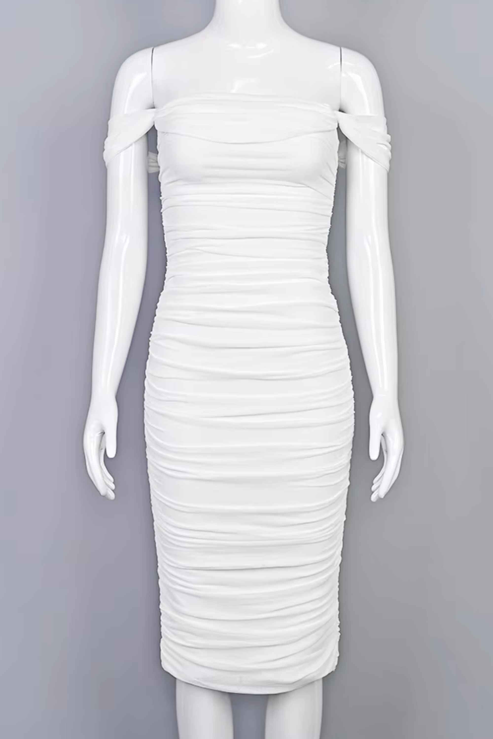 Woman wearing a figure flattering Zia Bodycon Wrap Midi Dress - Pearl White Bodycon Collection