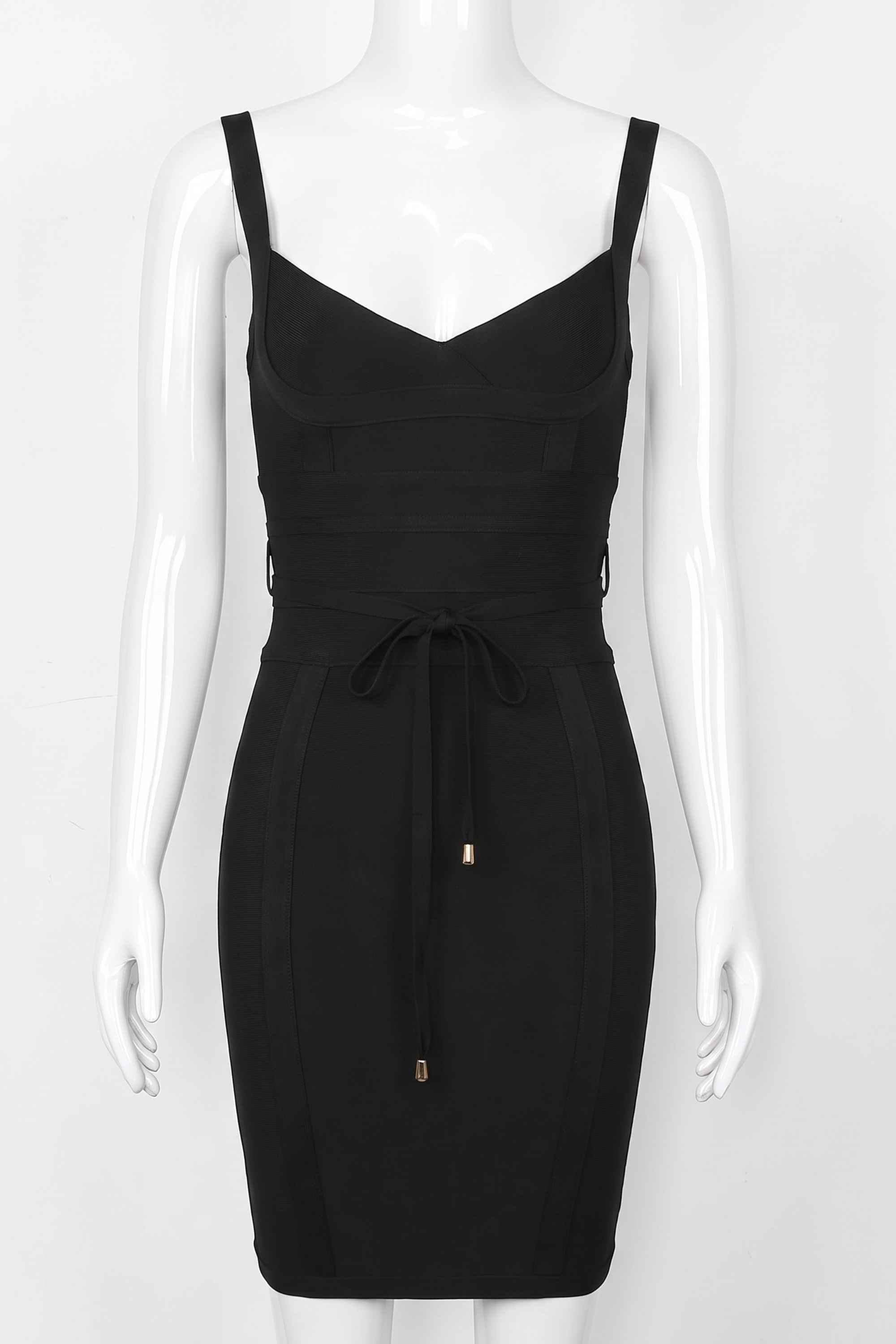 Woman wearing a figure flattering Bek Bandage Dress - Classic Black Bodycon Collection