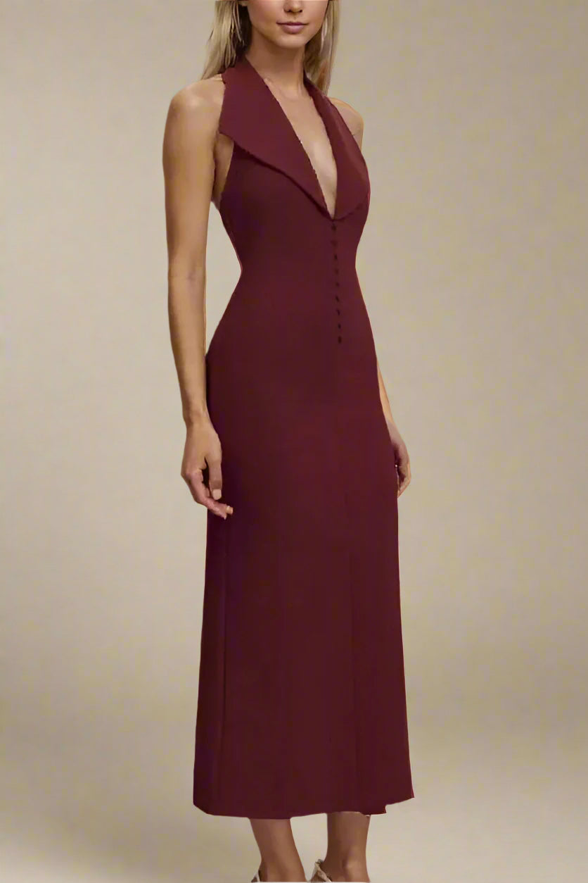 Celine Bodycon V Neck Midi Dress - Red Wine