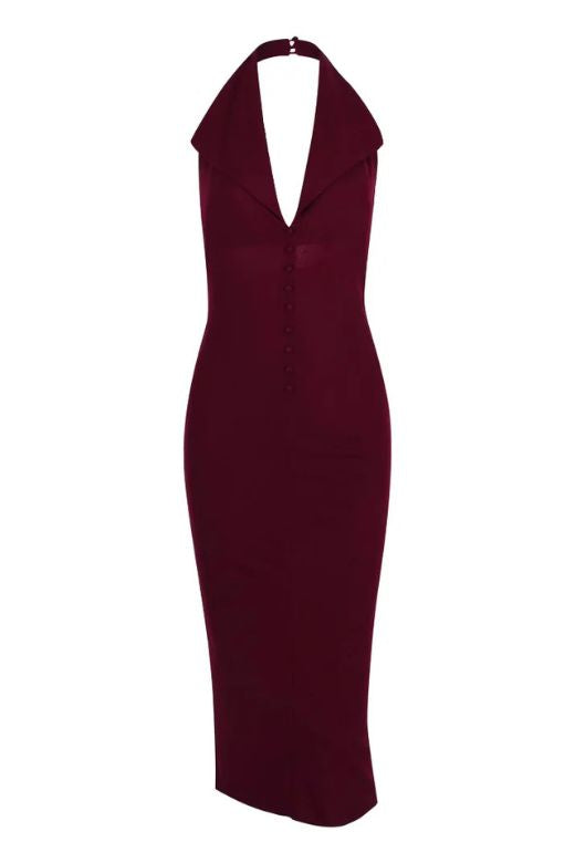 Celine Bodycon V Neck Midi Dress - Red Wine