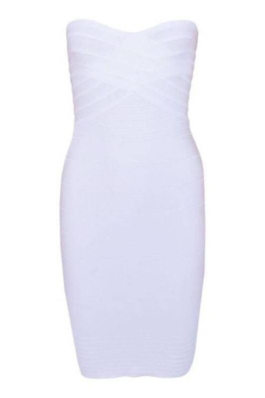 Woman wearing a figure flattering  Aaliyah Bandage Mini Dress - Pearl White BODYCON COLLECTION