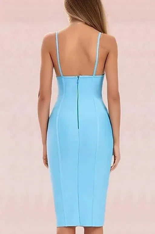 Woman wearing a figure flattering  Abi Bandage Dress - Sky Blue Bodycon Collection