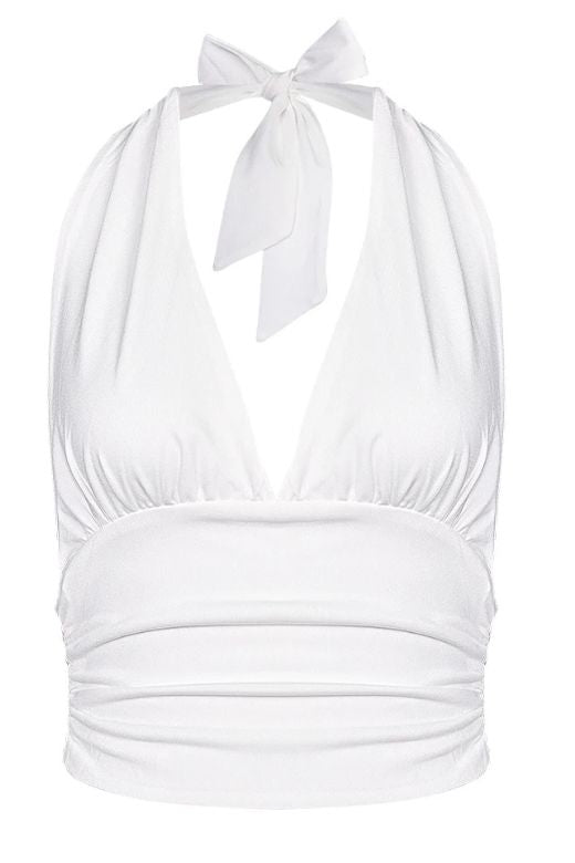 Woman wearing a figure flattering  Aby Halter Top - White Pearl BODYCON COLLECTION Pty Ltd