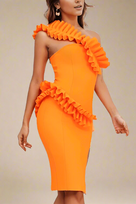 Woman wearing a figure flattering  Aimee Bodycon Dress - Apricot Orange BODYCON COLLECTION