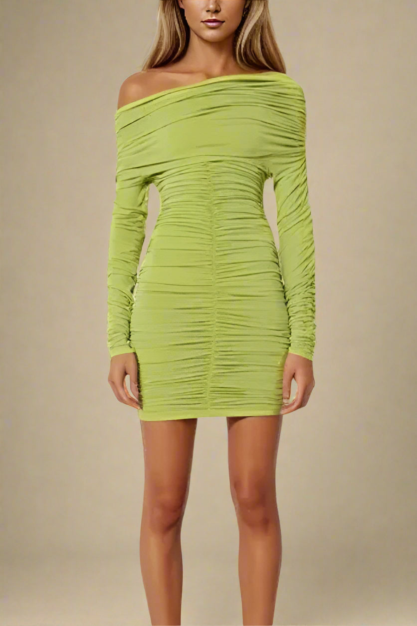 Woman wearing a figure flattering  Alessandra Long Sleeve Wrap Bodycon Mini Dress - Pickle Green BODYCON COLLECTION