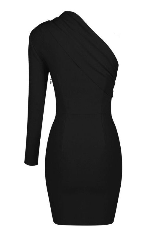 Woman wearing a figure flattering  Ally Long Sleeve Bodycon Mini Dress - Classic Black BODYCON COLLECTION