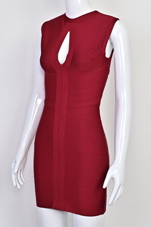 Woman wearing a figure flattering  Alora Bandage Mini Dress - Red Wine BODYCON COLLECTION Pty Ltd
