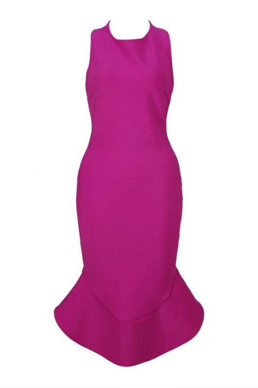 Woman wearing a figure flattering  Ama Bodycon Backless Dress - Neon Purple BODYCON COLLECTION