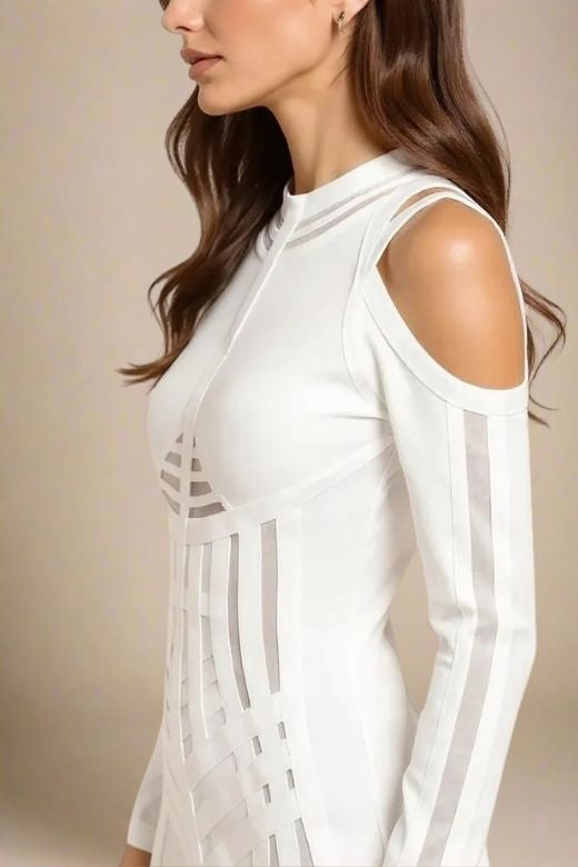 Woman wearing a figure flattering  Amelia Long Sleeve Bandage Dress - Pearl White BODYCON COLLECTION