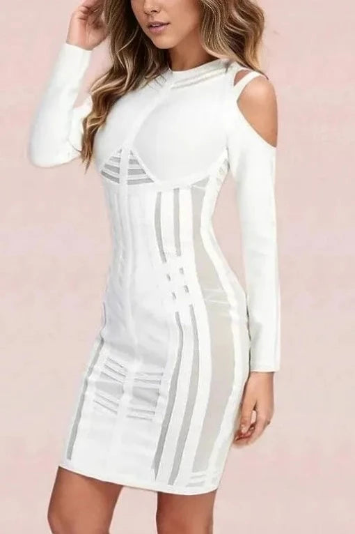 Woman wearing a figure flattering  Amelia Long Sleeve Bandage Dress - Pearl White BODYCON COLLECTION
