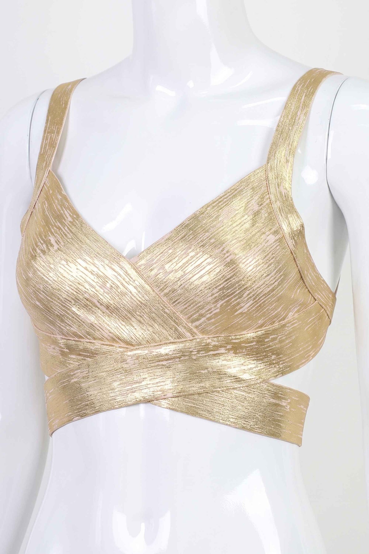 Woman wearing a figure flattering  Ang Bandage Crop Top - Gold BODYCON COLLECTION