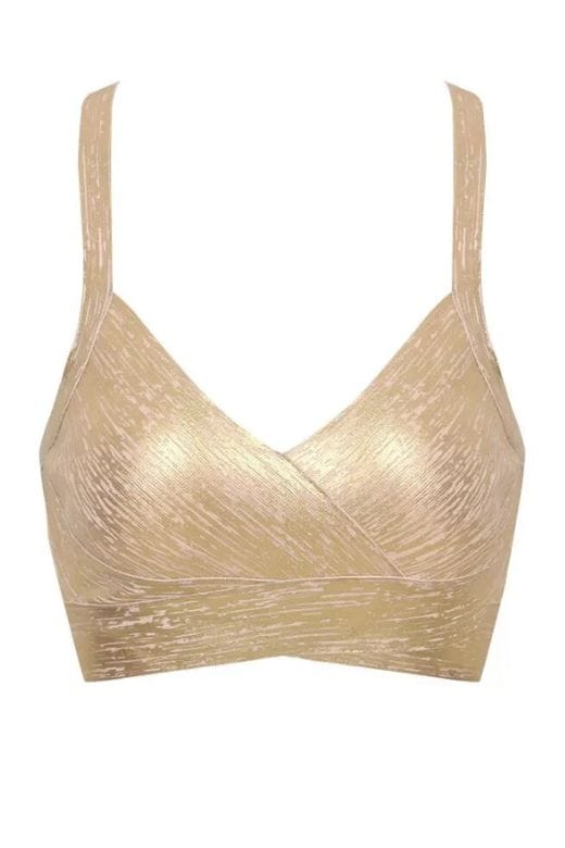 Woman wearing a figure flattering  Ang Bandage Crop Top - Gold BODYCON COLLECTION