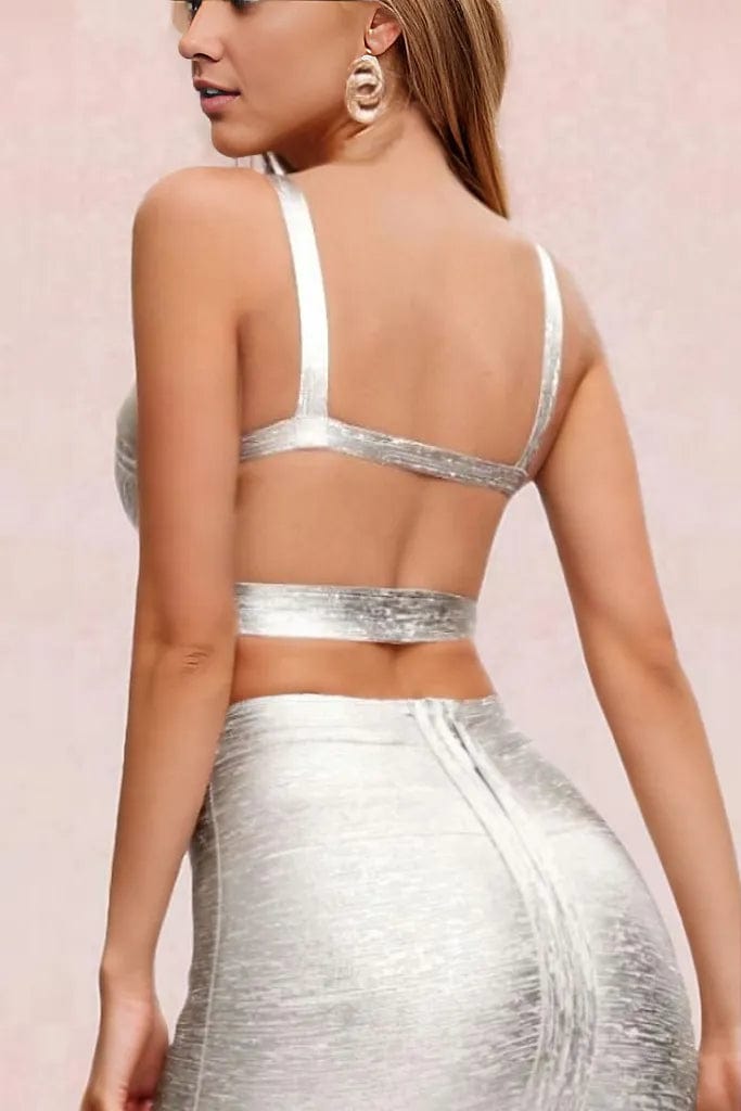 Woman wearing a figure flattering  Ang Bandage Crop Top - Silver BODYCON COLLECTION