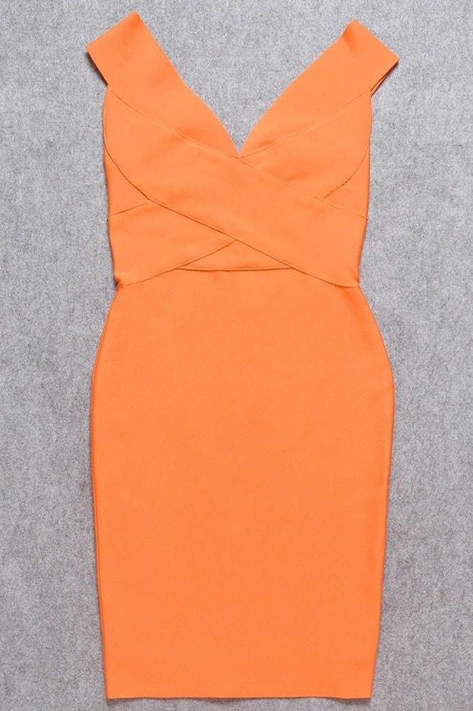 Woman wearing a figure flattering  Ash Bandage Dress - Apricot Orange Bodycon Collection