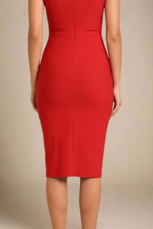 Woman wearing a figure flattering  Ash Bandage Dress - Lipstick Red Bodycon Collection