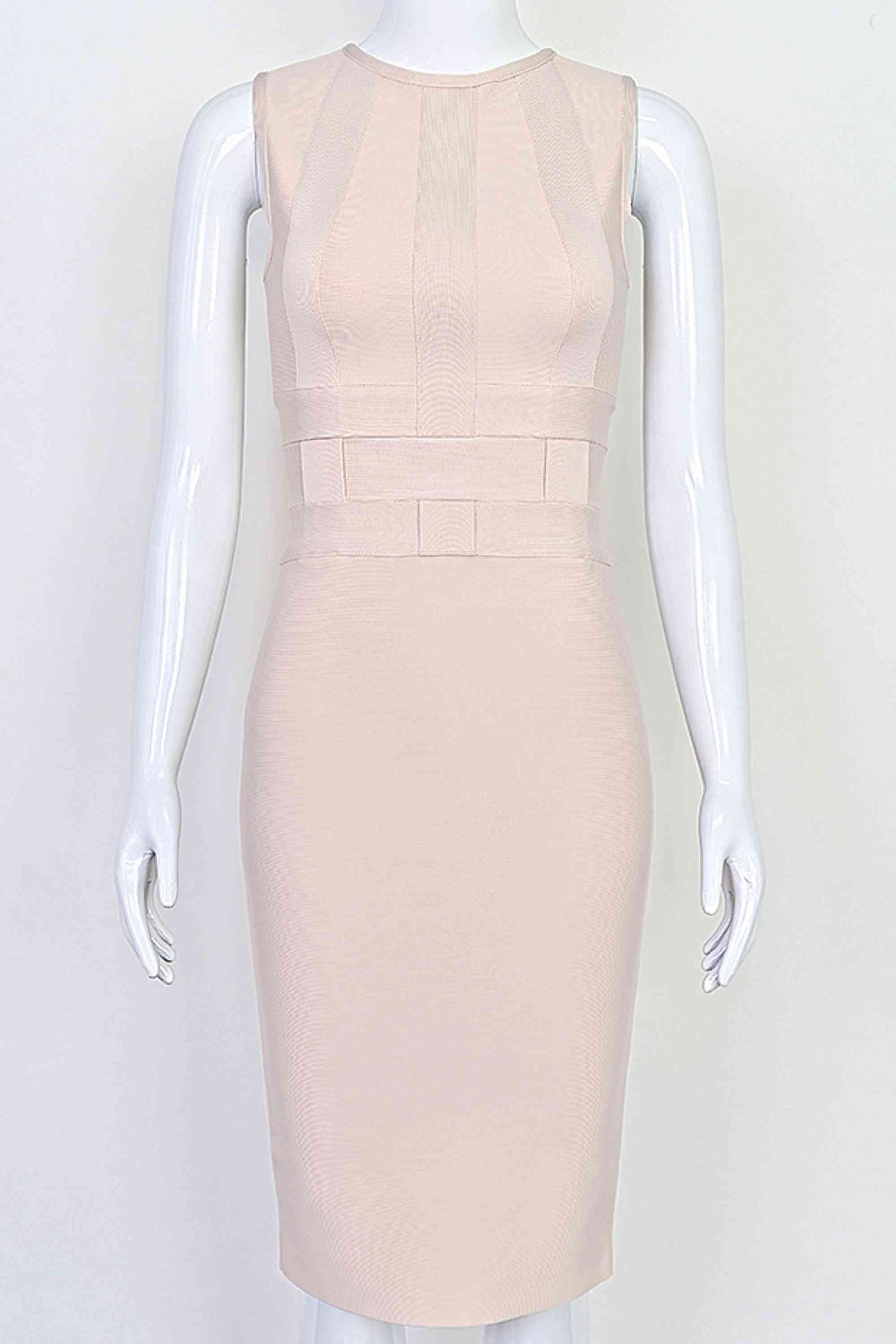 Woman wearing a figure flattering  Aurora Bandage Dress - Cream BODYCON COLLECTION Pty Ltd